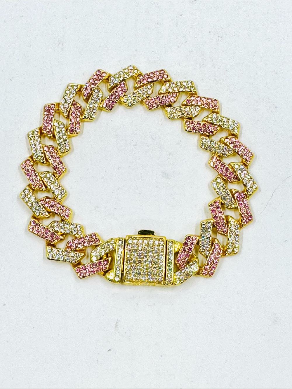 Gold Filled Pink & Clear Rhinestone Iced Out Cuban Link Bracelet W/Box Lock 7.5”